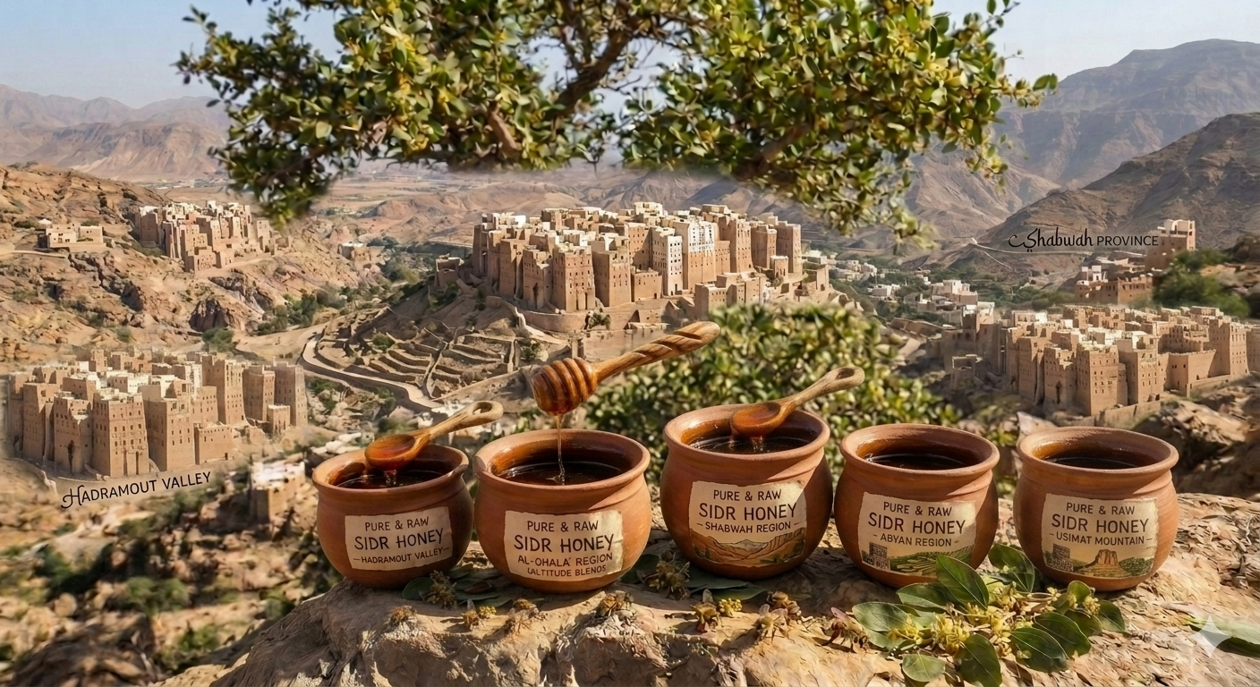 Five clay pots of Pure & Raw Sidr Honey from different Yemeni regions including Hadramout Valley, Al-Ohala, Shabwah, Abyan, and Usimat Mountain, set against an ancient Yemeni mountain landscape