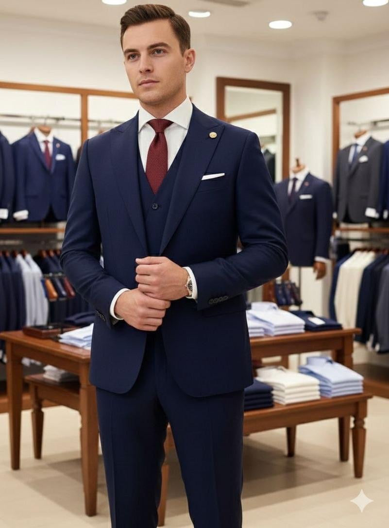 Men's 3-piece olive green wool suit - boutique view