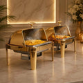 Luxury gold arabesque 3-piece chafing dish set on marble surface