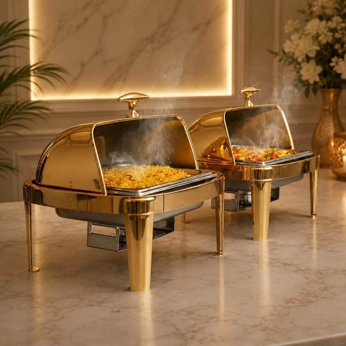 Luxury gold arabesque 3-piece chafing dish set on marble surface