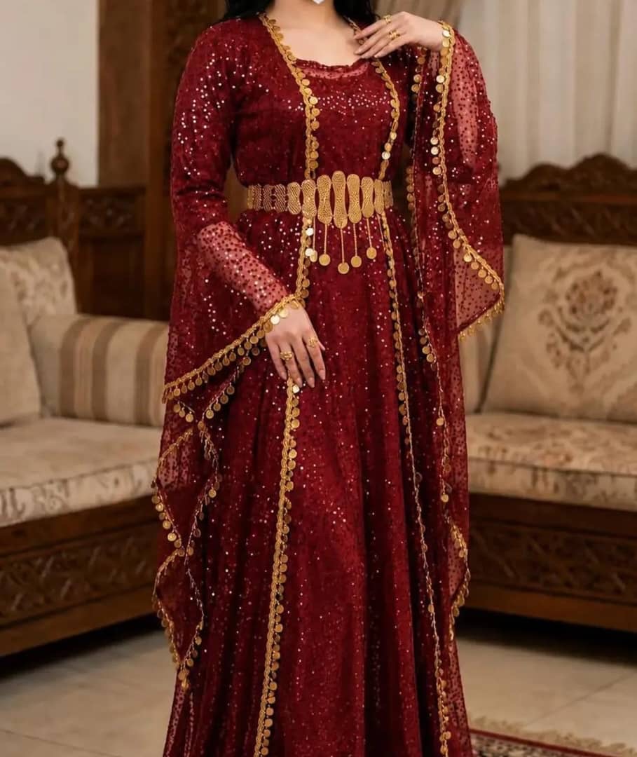 Turkish Sequin Kaftan in Gold with gold coin trim