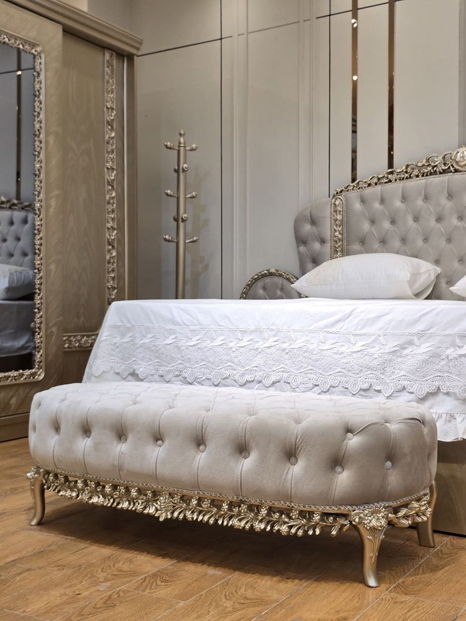 Luxury king bed with butterfly crystal headboard and matching nightstand