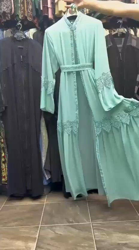 Women's mint green chiffon abaya set detail