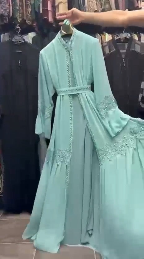 Women's mint green chiffon abaya set side view