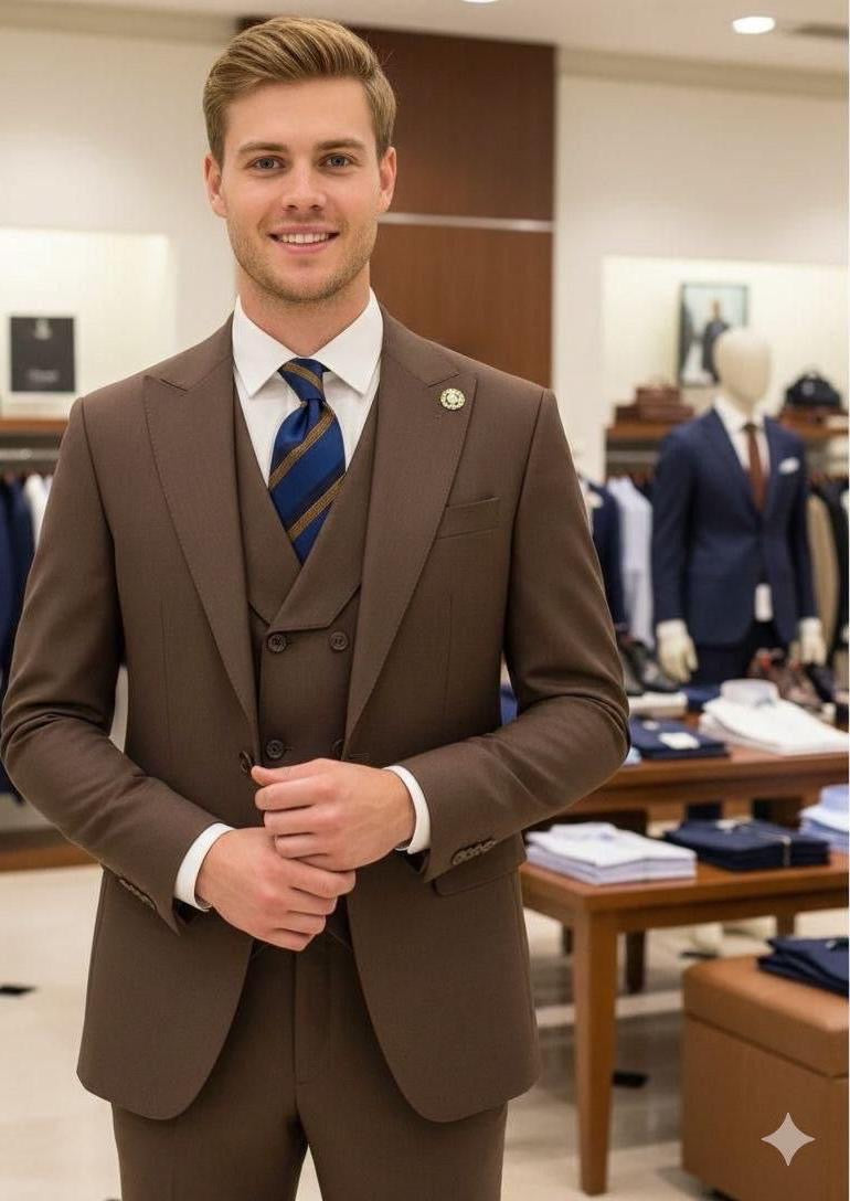 Men's 3-piece navy blue wool suit - styled view