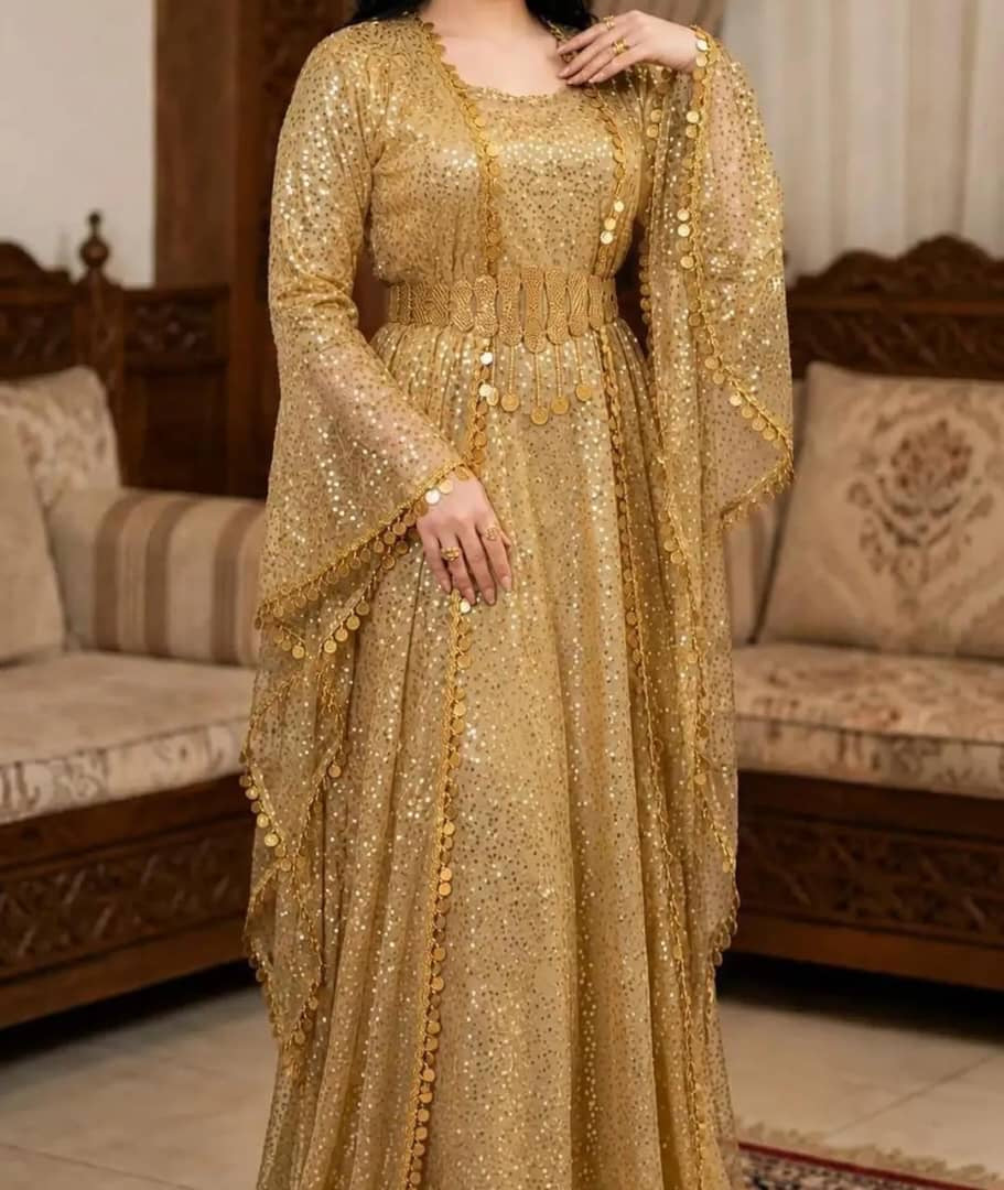 Turkish Sequin Kaftan in Mauve Pink with gold coin trim