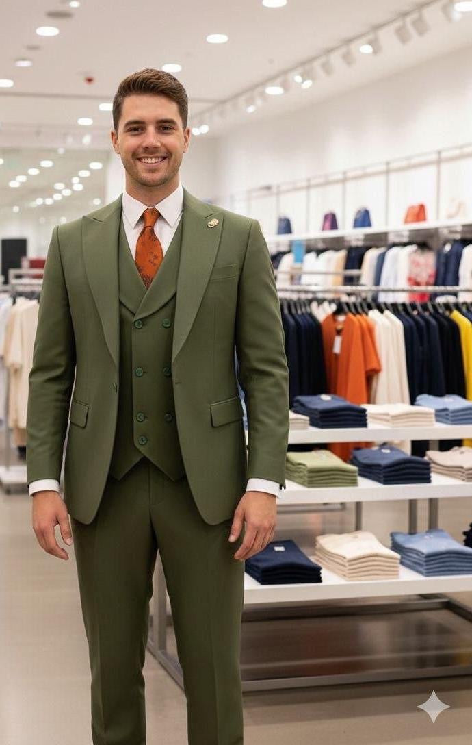 Men's 3-piece olive green wool suit - close up