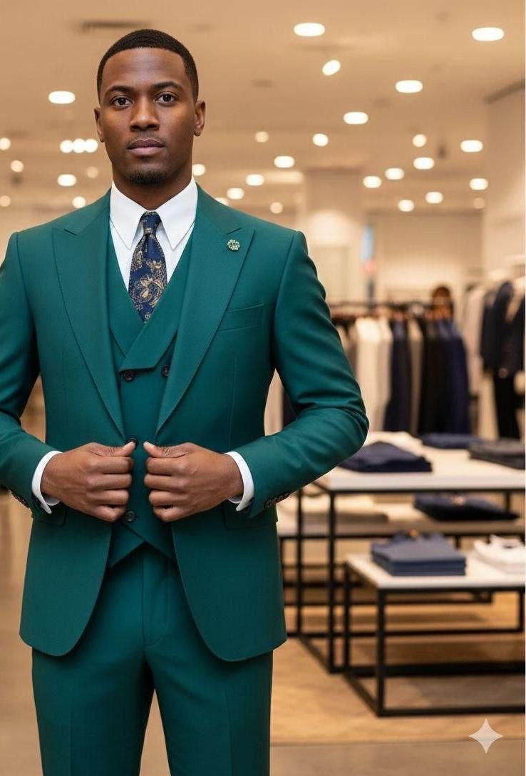 Men's 3-piece olive green wool suit - front view