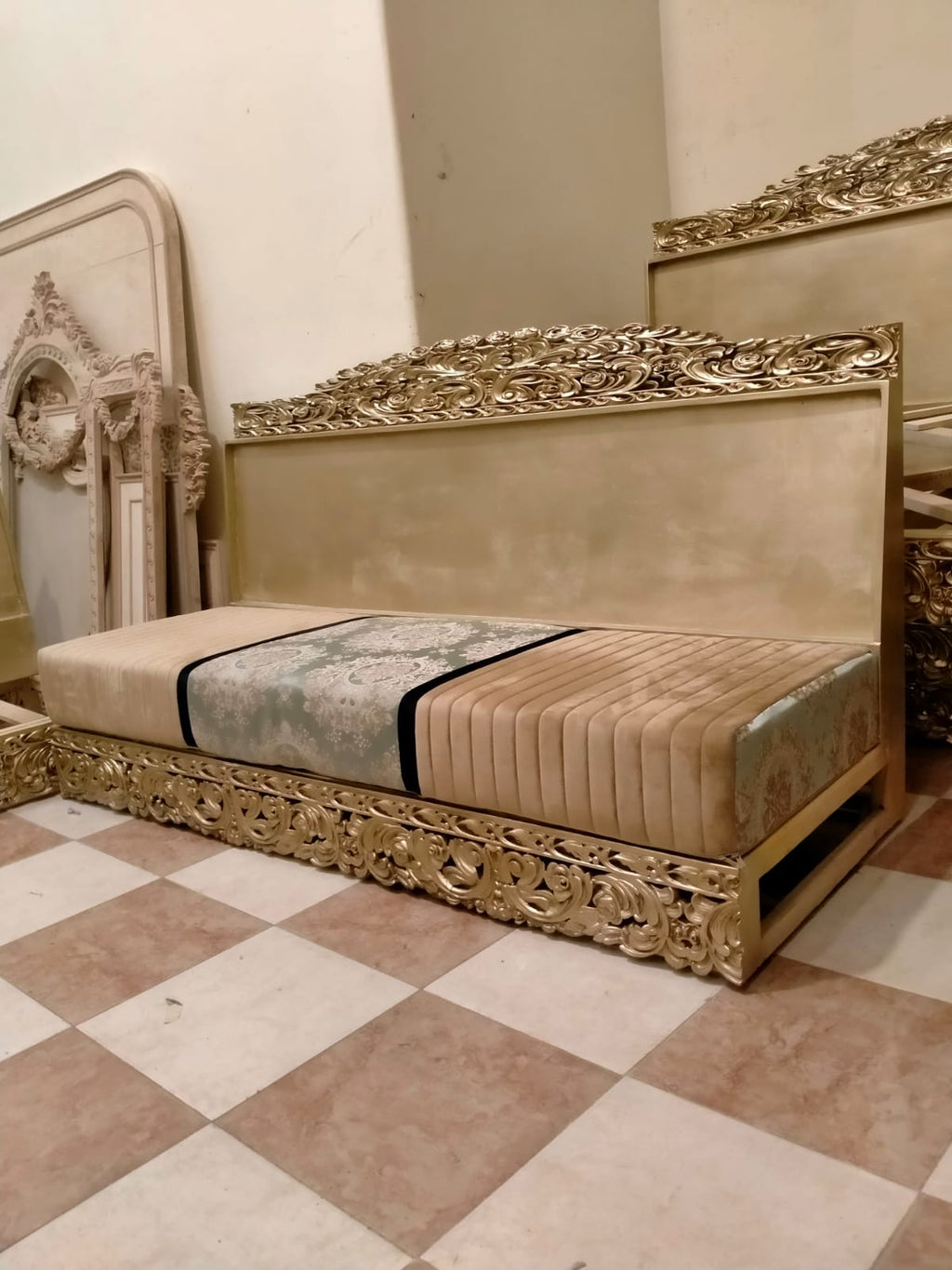 Baroque upholstered vanity chair with carved champagne gold frame