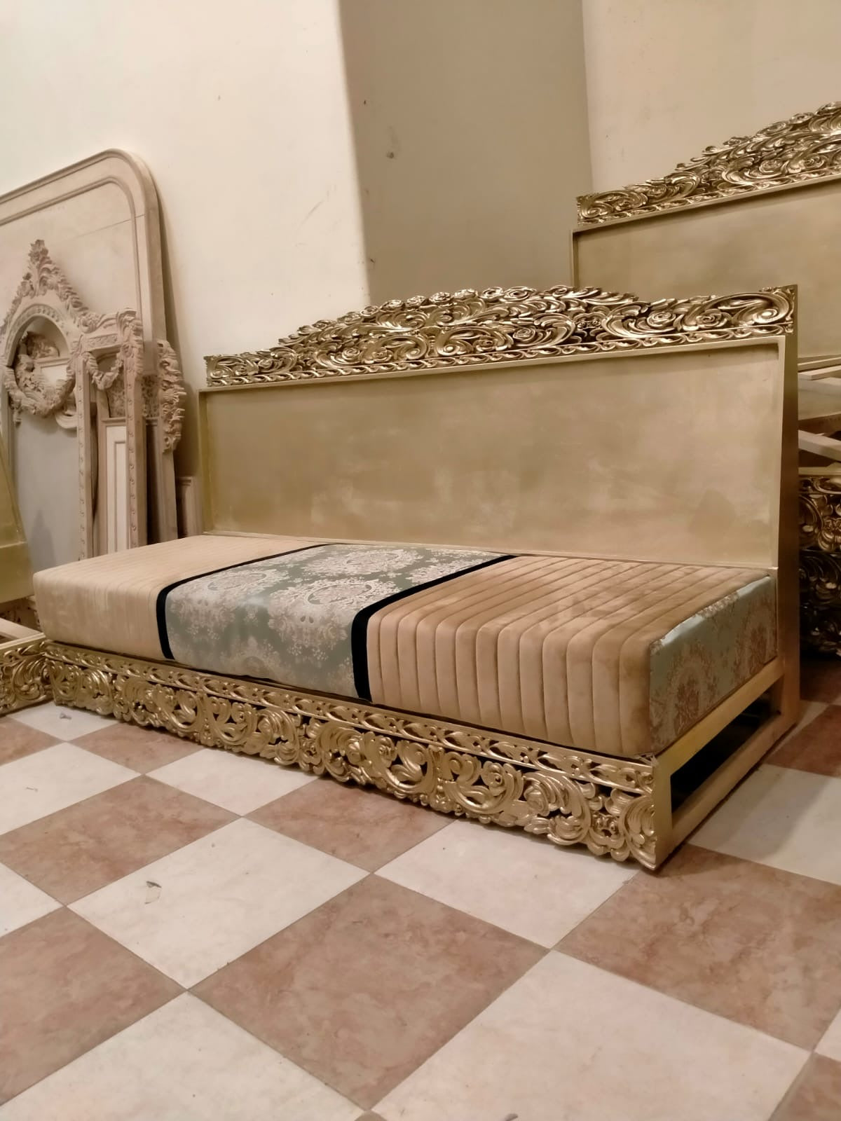 Baroque upholstered vanity chair with carved champagne gold frame