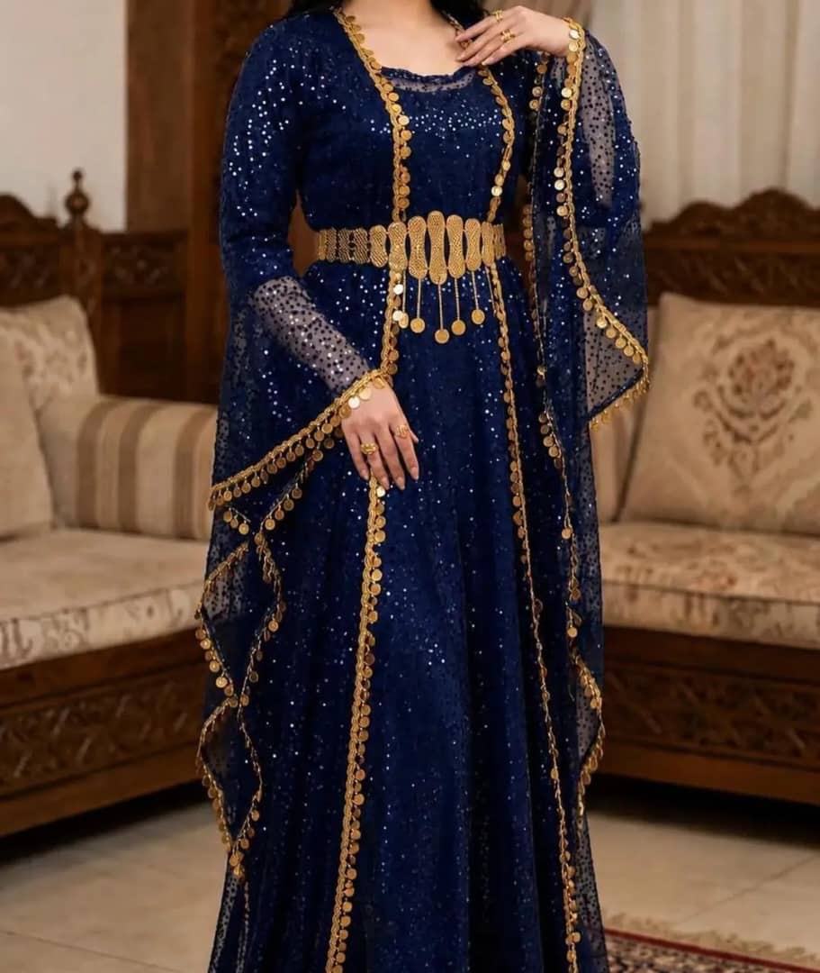 Turkish Sequin Kaftan in Navy Blue with gold coin trim