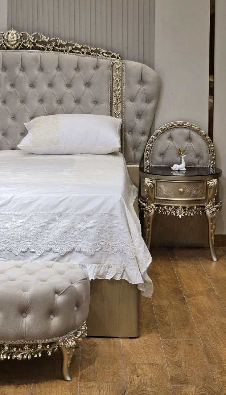Baroque arched nightstand with black glass top and gold hardware
