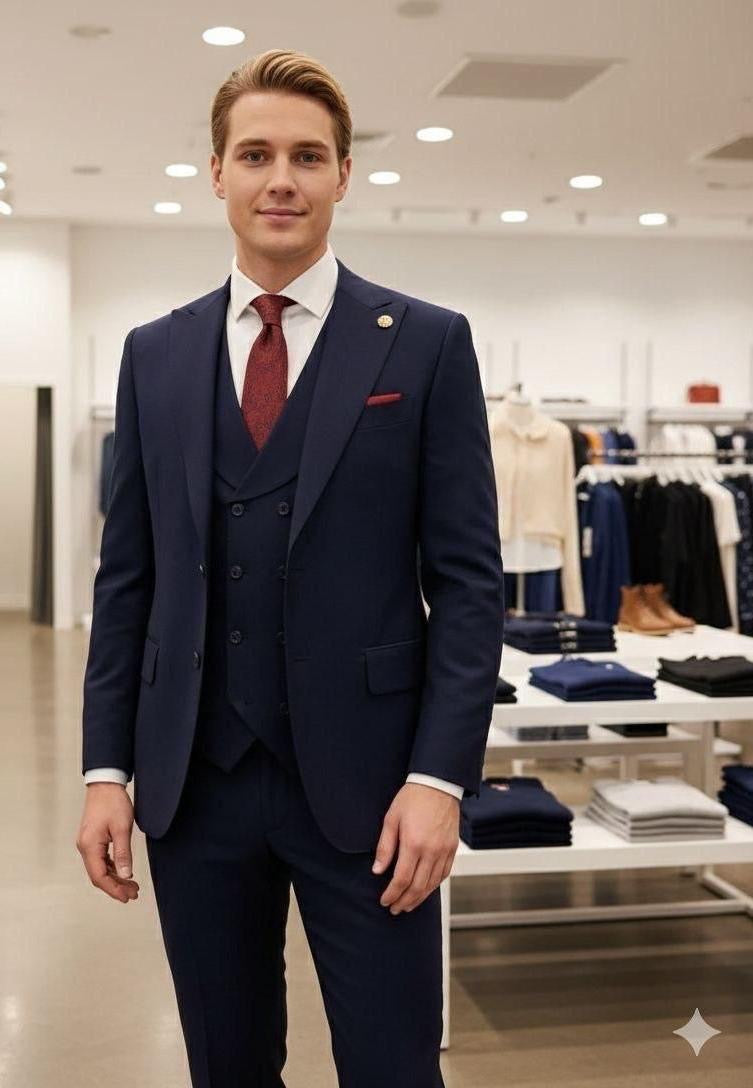Men's 3-piece navy blue wool suit - front view