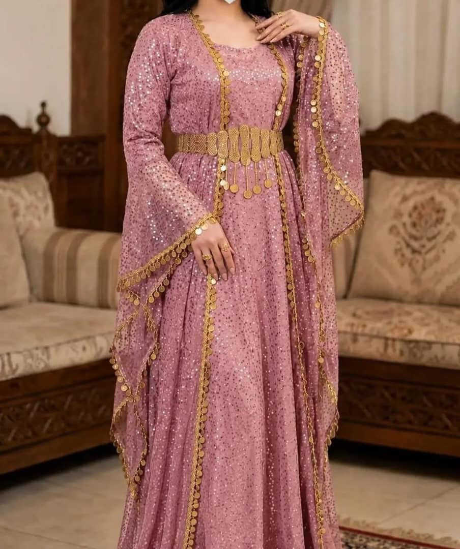 Turkish Sequin Kaftan in Sage Green with gold coin trim