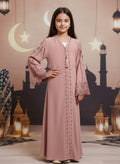 Girls pink embroidered abaya with lace sleeves