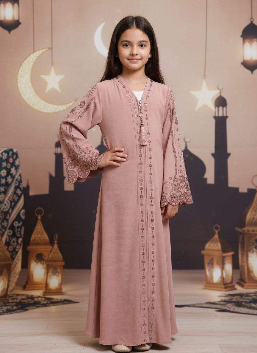 Girls pink embroidered abaya with lace sleeves