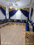 Luxury teal and gold arabesque L-shape majlis set with carved cube tables