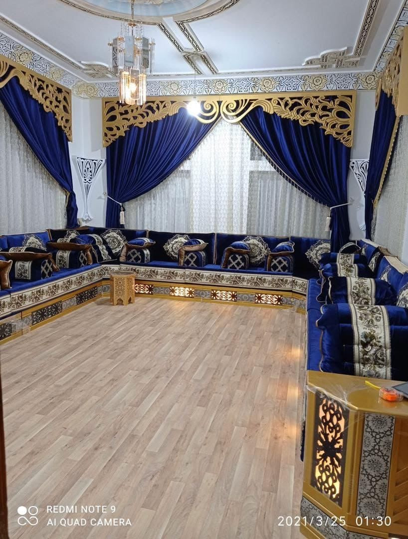 Luxury teal and gold arabesque L-shape majlis set with carved cube tables