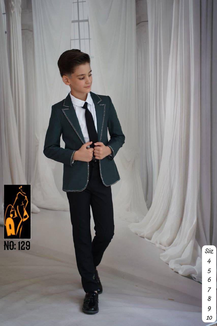 Boys teal 3-piece suit with bow tie - front and vest view