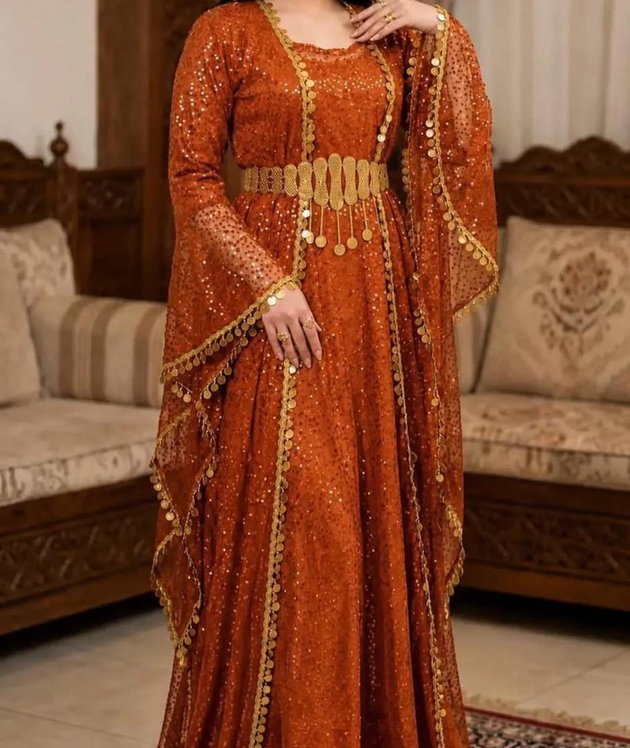 Turkish Sequin Kaftan in Burnt Orange with gold coin trim