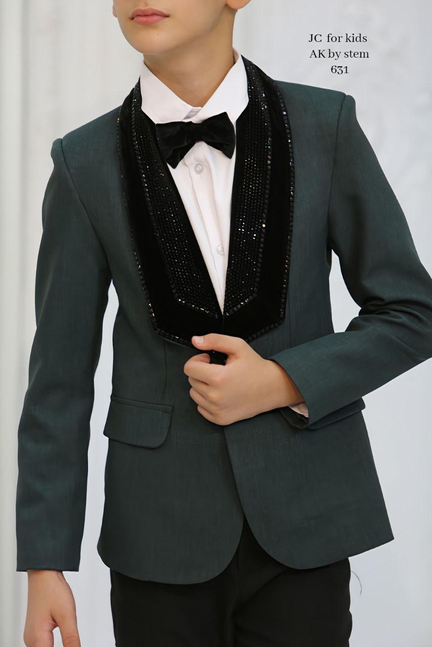 Boys navy blue tuxedo suit full length view
