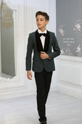 Boys navy blue tuxedo suit with sequin lapel and bow tie