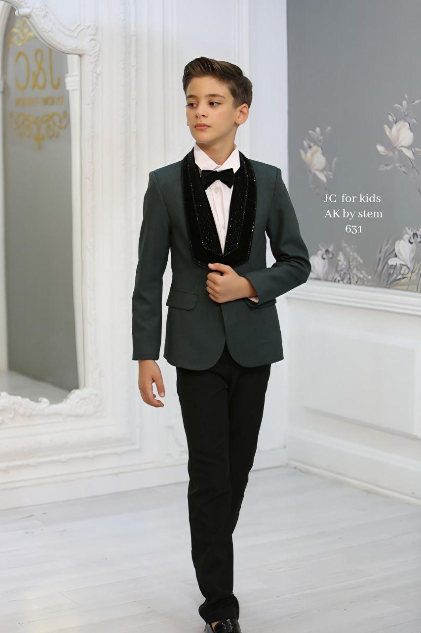 Boys navy blue tuxedo suit with sequin lapel and bow tie