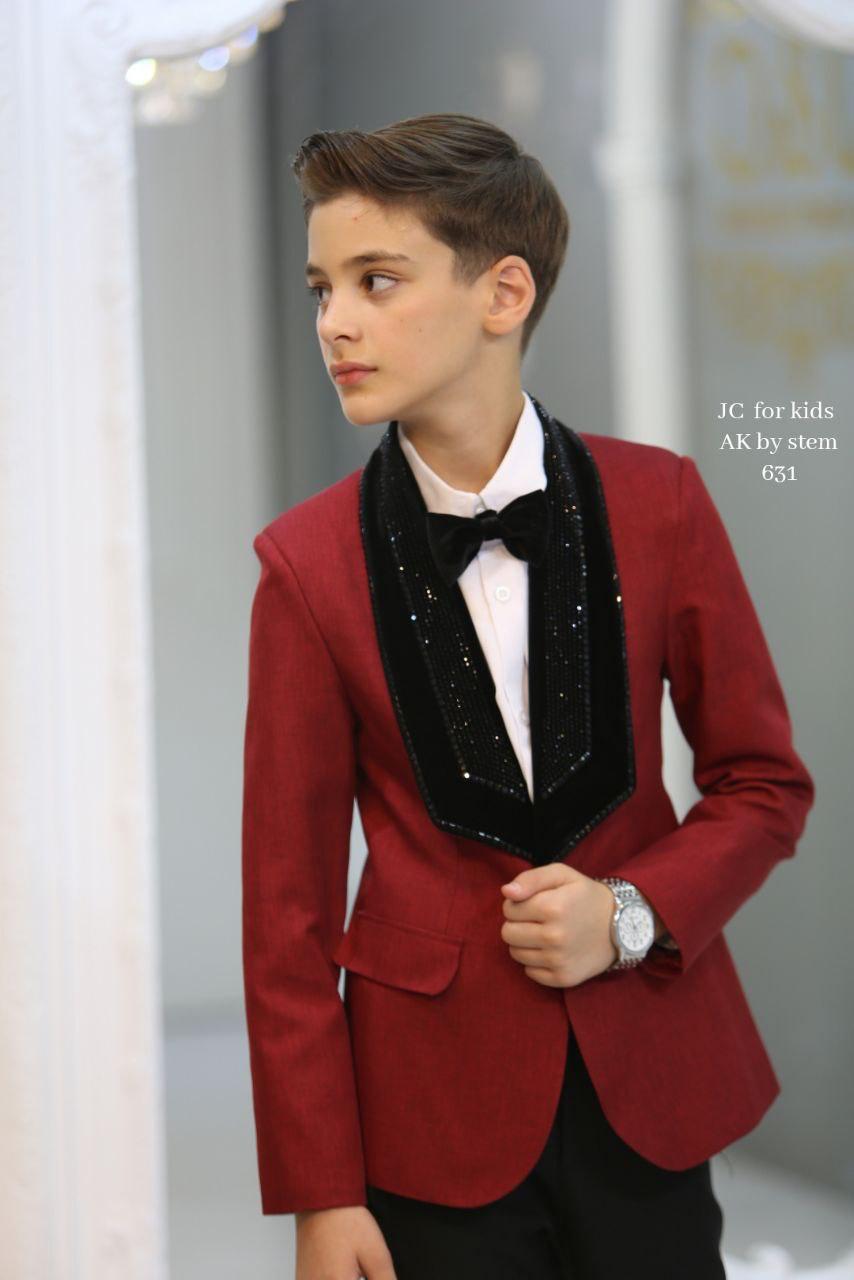 Boys dark green tuxedo suit with black sequin lapel