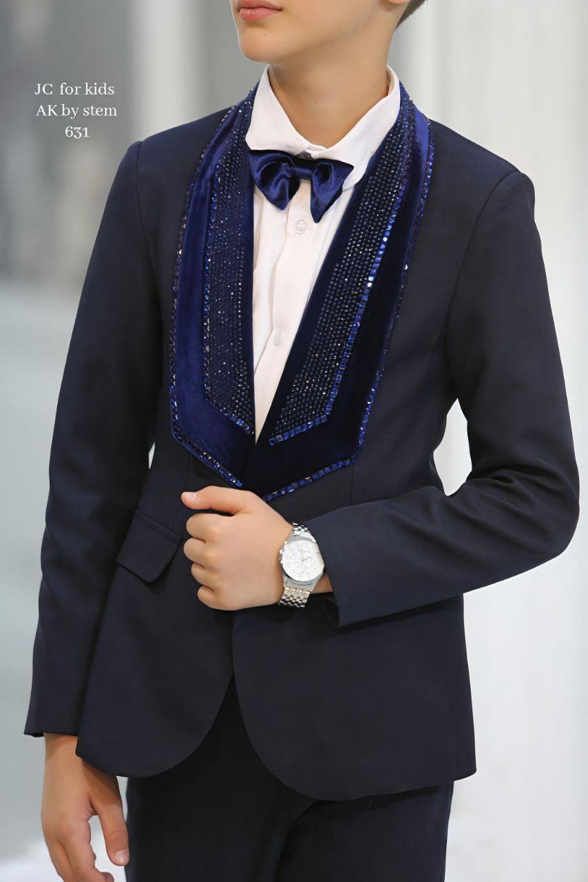 Boys silver grey tuxedo suit with bow tie - floral background