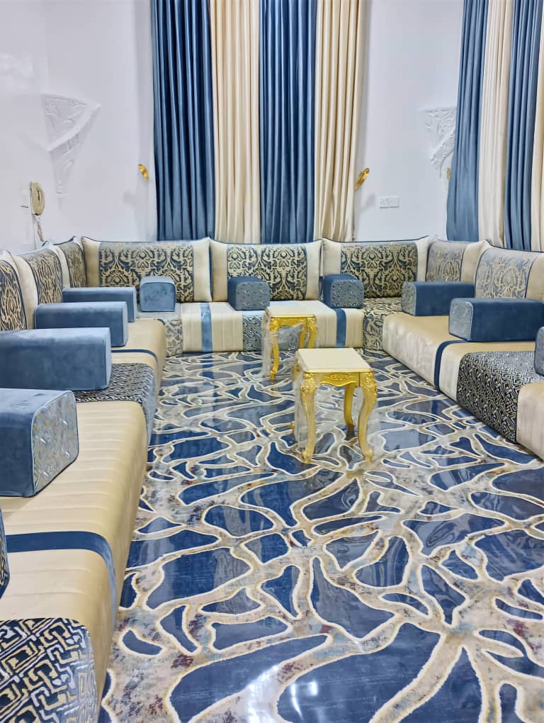 Luxury Gold LED Arabesque Arabic Majlis Set with Carved Tables