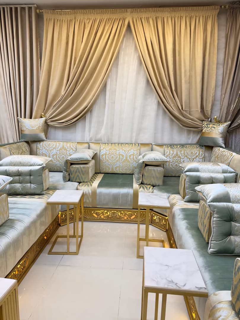 Luxury Rose Pink Arabic Majlis Set with Gold Tea Trolley
