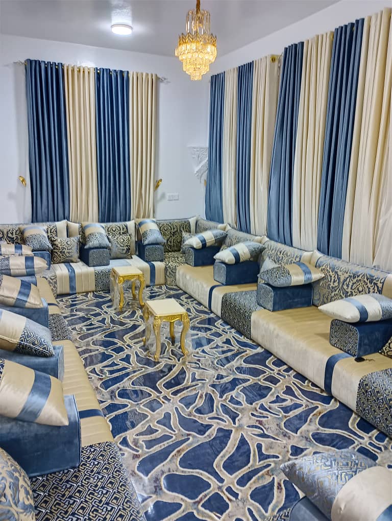 Luxury Champagne Gold Tufted Arabic Majlis Set with Designer Ceiling