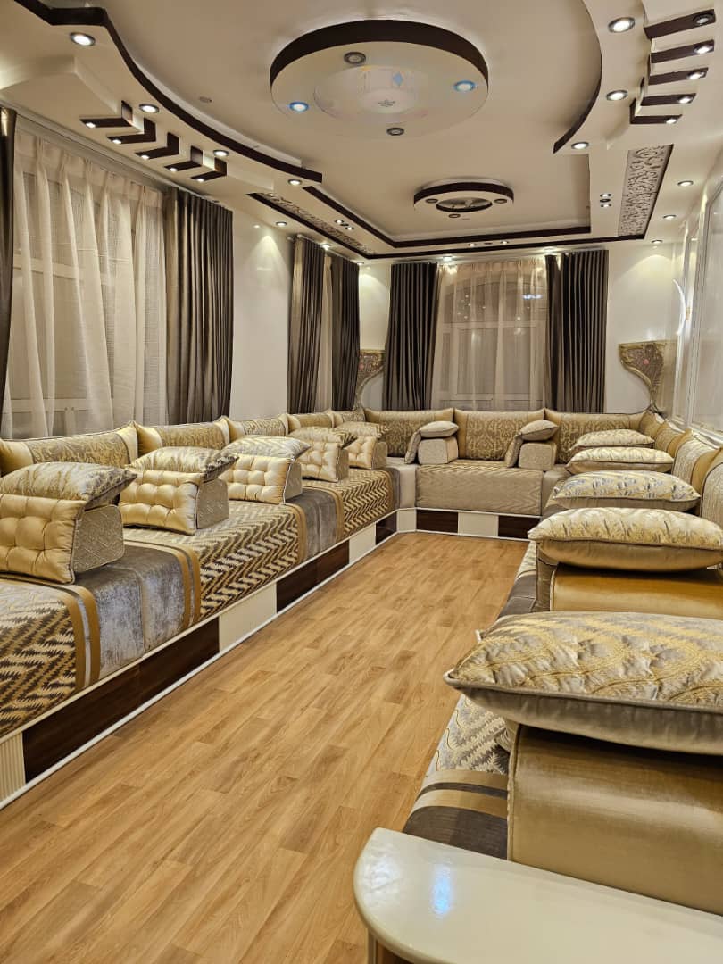 Luxury Beige & Brown Arabic Majlis Set with Carved Tables