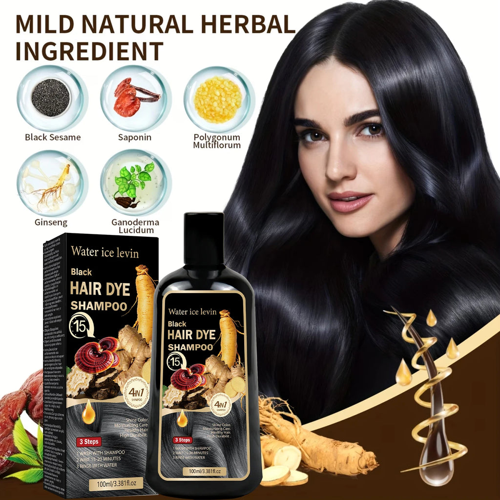 Black Sesame Ginseng Reishi Hair Dye Shampoo. 4-in-1 Natural Herbal Formula. Covers Grays, Moisturizes, Healthy Shine.100ml