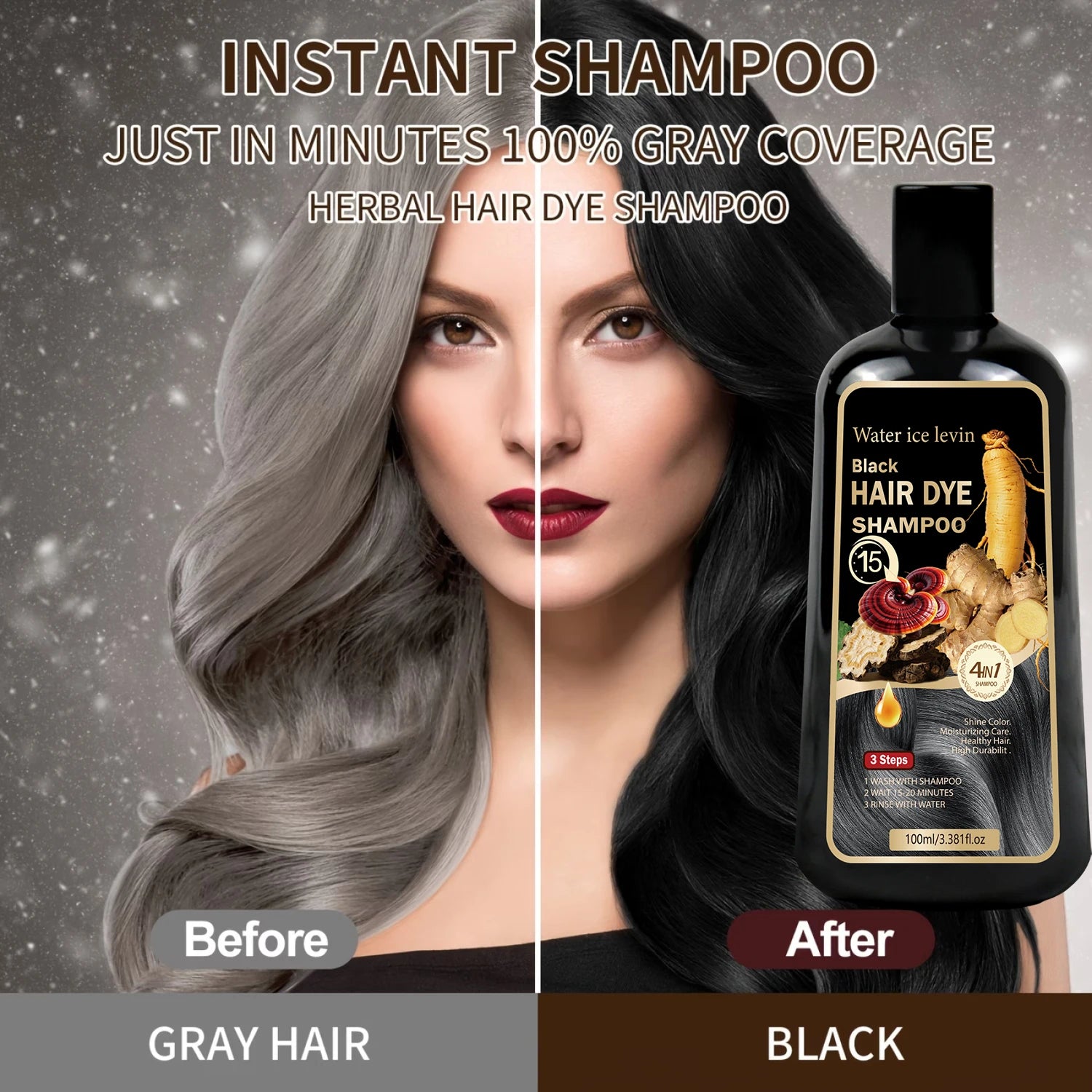 Black Sesame Ginseng Reishi Hair Dye Shampoo. 4-in-1 Natural Herbal Formula. Covers Grays, Moisturizes, Healthy Shine.100ml