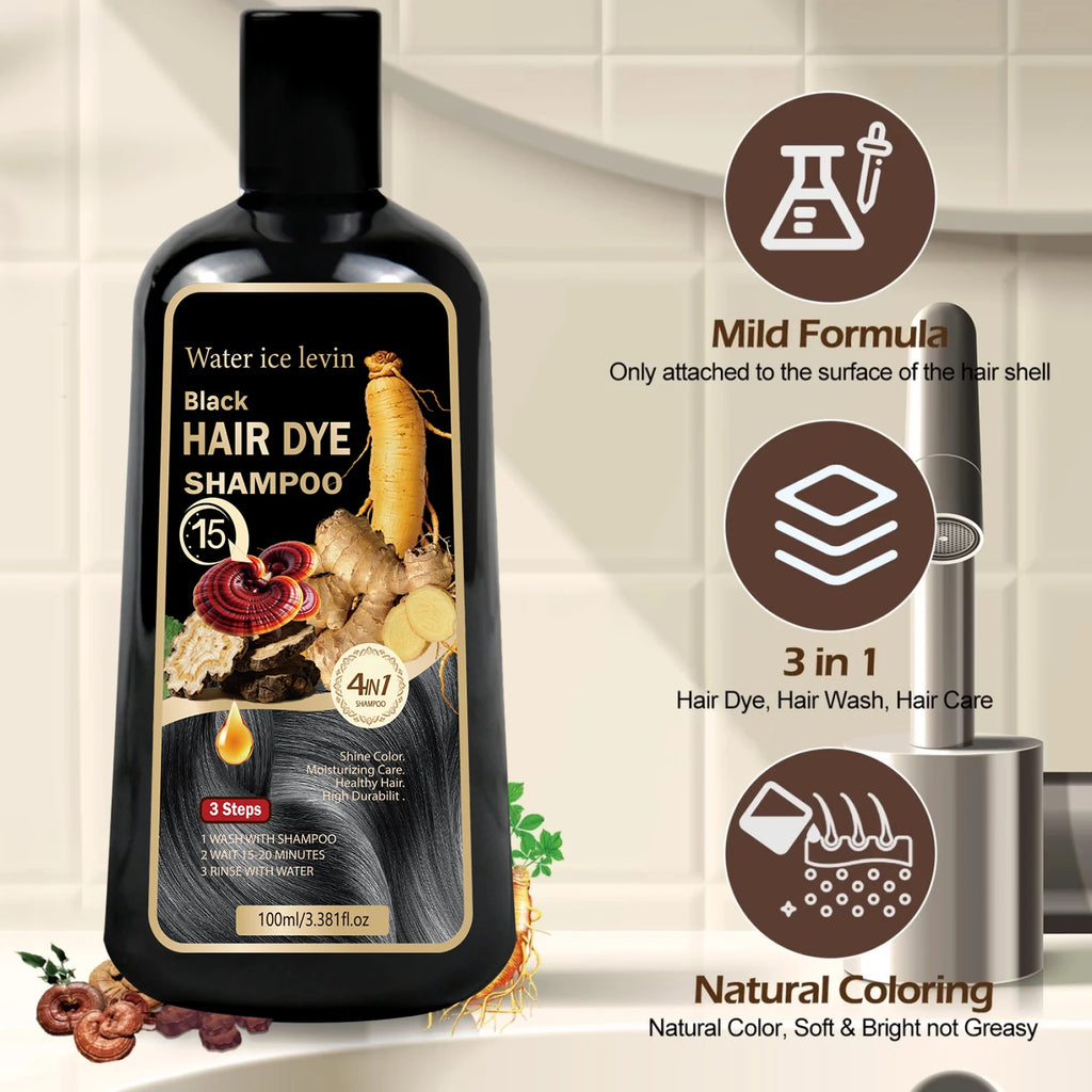 Black Sesame Ginseng Reishi Hair Dye Shampoo. 4-in-1 Natural Herbal Formula. Covers Grays, Moisturizes, Healthy Shine.100ml