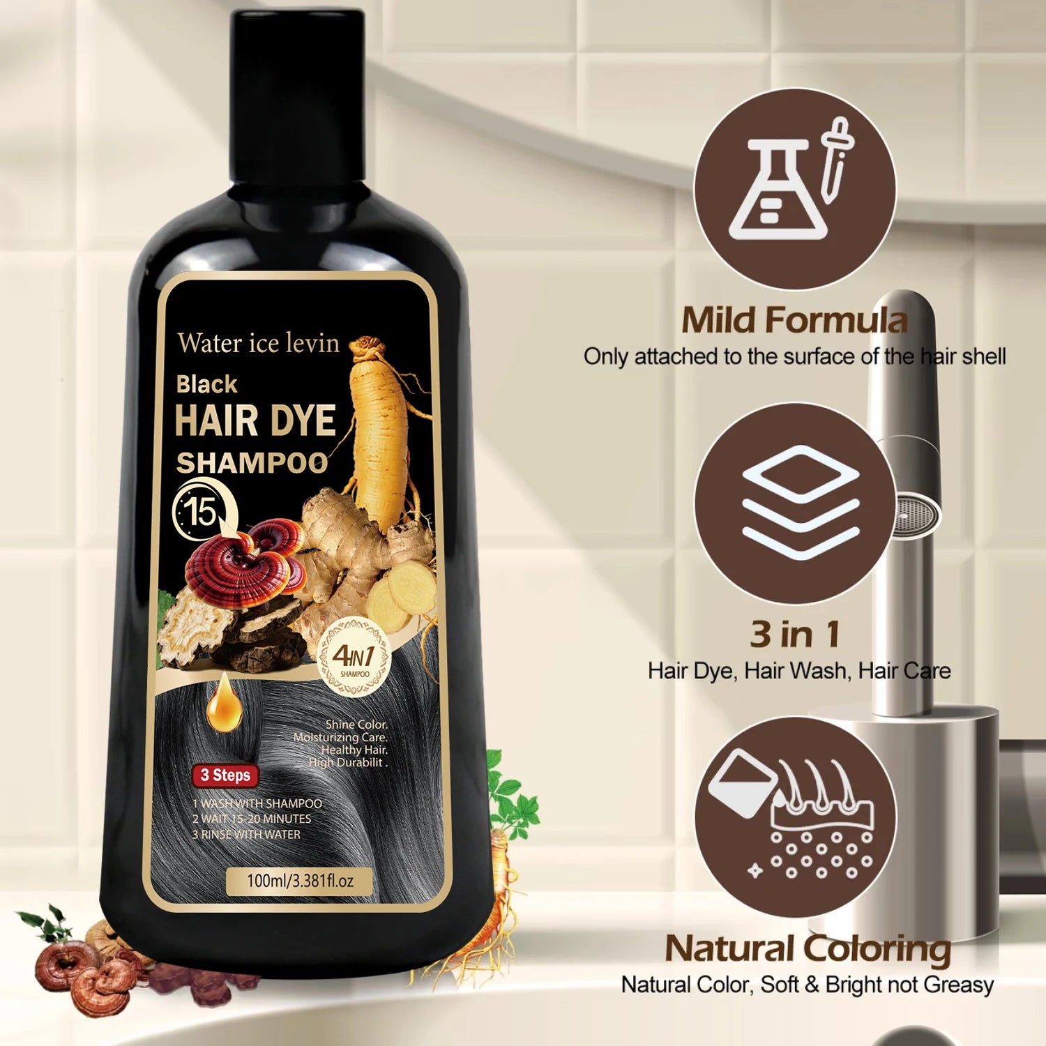 Black Sesame Ginseng Reishi Hair Dye Shampoo. 4-in-1 Natural Herbal Formula. Covers Grays, Moisturizes, Healthy Shine.100ml