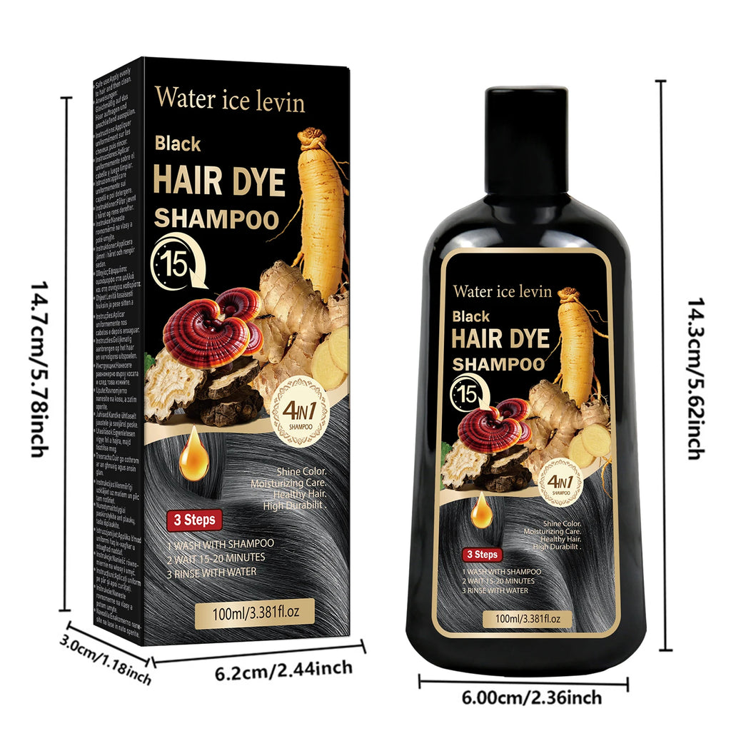 Black Sesame Ginseng Reishi Hair Dye Shampoo. 4-in-1 Natural Herbal Formula. Covers Grays, Moisturizes, Healthy Shine.100ml