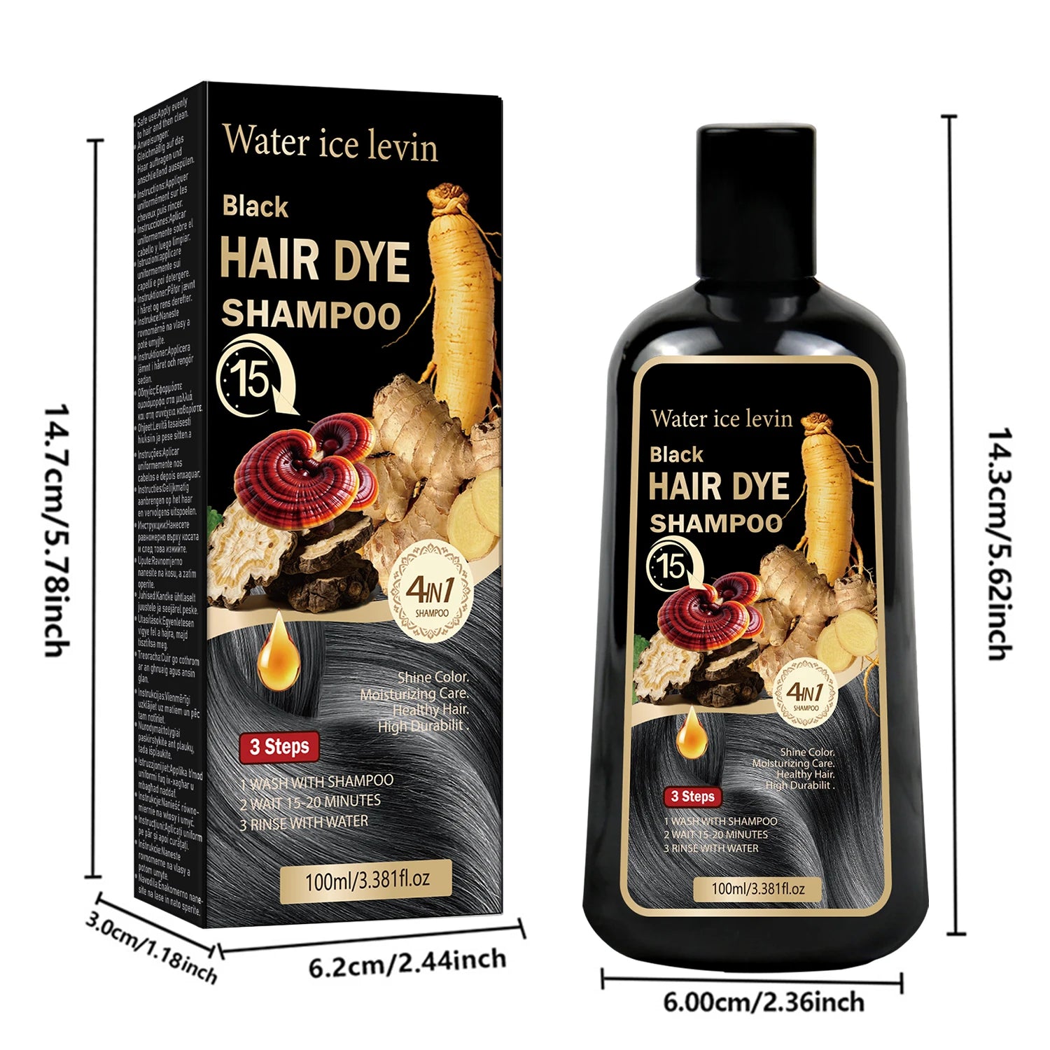 Black Sesame Ginseng Reishi Hair Dye Shampoo. 4-in-1 Natural Herbal Formula. Covers Grays, Moisturizes, Healthy Shine.100ml