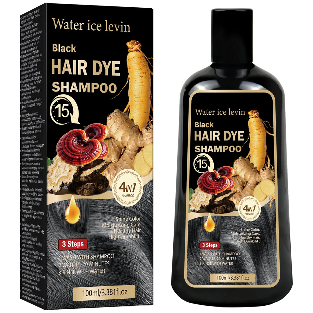 Black Sesame Ginseng Reishi Hair Dye Shampoo. 4-in-1 Natural Herbal Formula. Covers Grays, Moisturizes, Healthy Shine.100ml