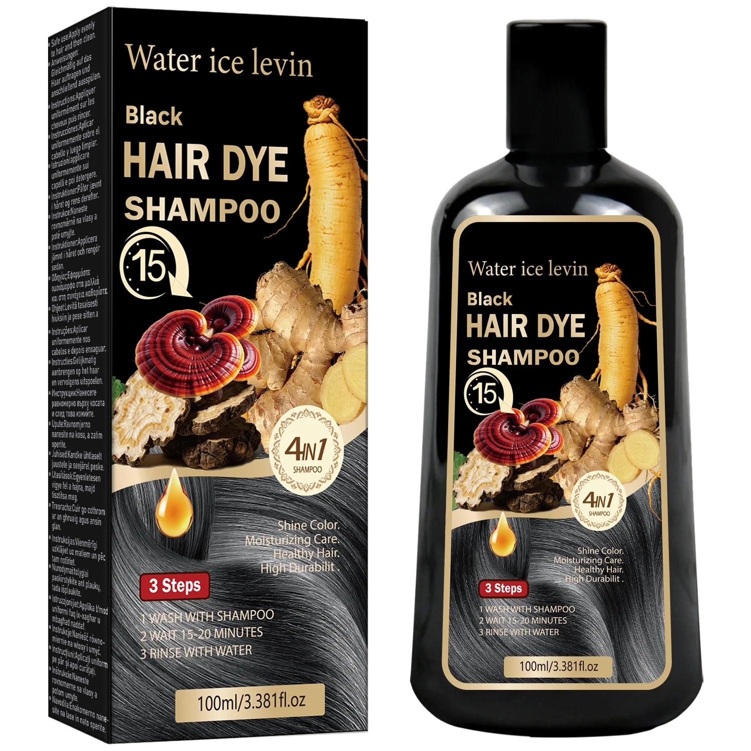 Black Sesame Ginseng Reishi Hair Dye Shampoo. 4-in-1 Natural Herbal Formula. Covers Grays, Moisturizes, Healthy Shine.100ml