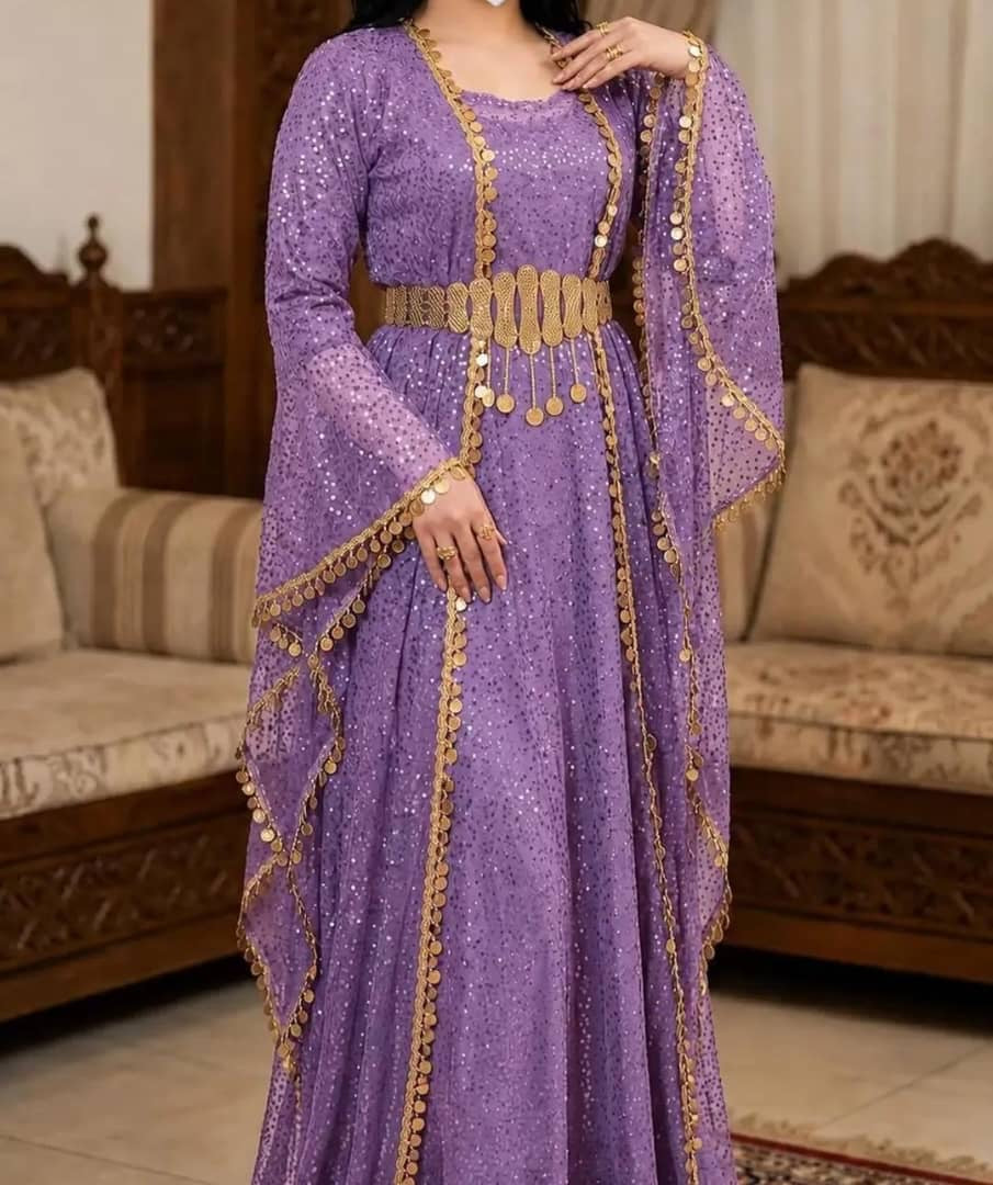 Turkish Sequin Kaftan in Lavender with gold coin trim