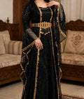 Turkish Sequin Kaftan in Black with gold coin trim