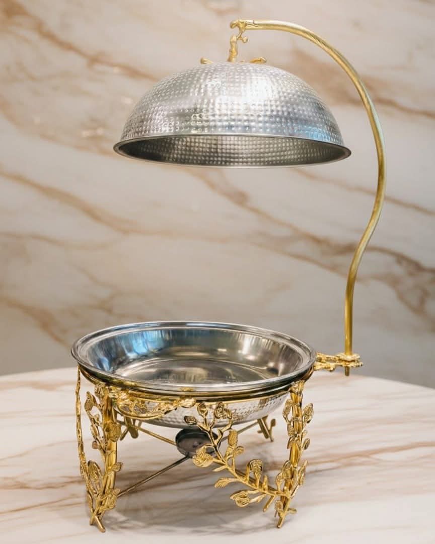 Luxury gold arabesque chafing dish detail view