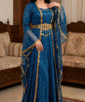 Turkish Sequin Kaftan in Teal with gold coin trim