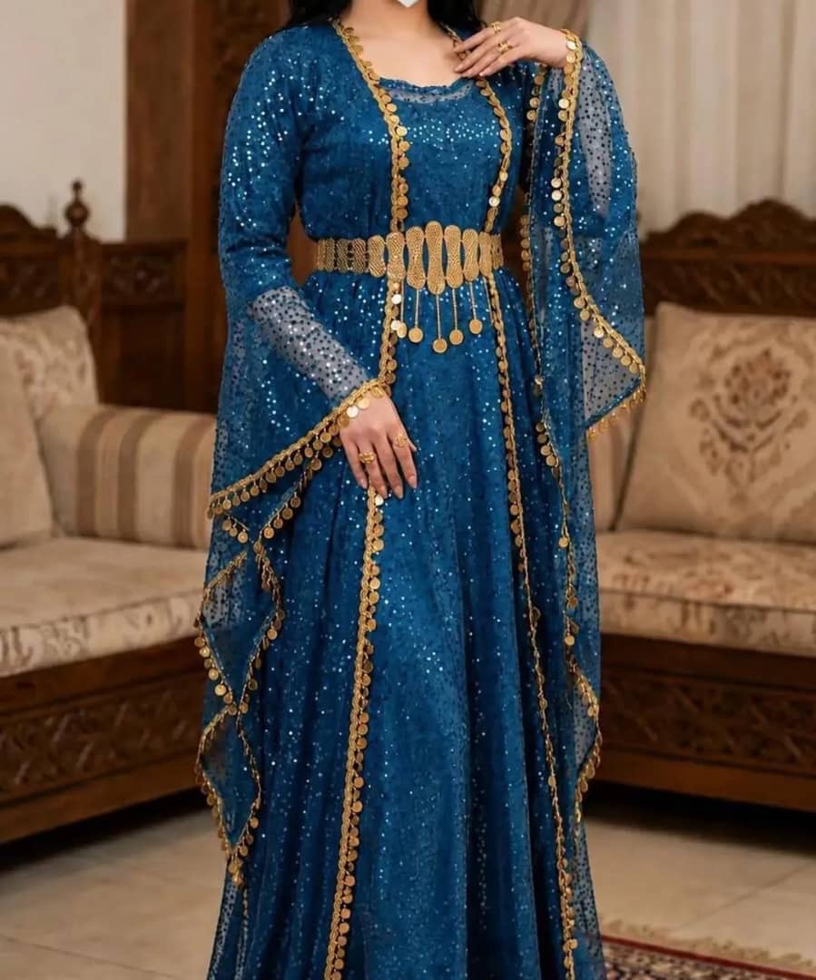 Turkish Sequin Kaftan in Teal with gold coin trim