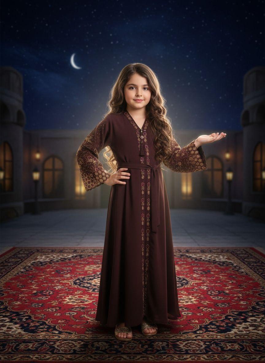 Girls dark brown embroidered abaya